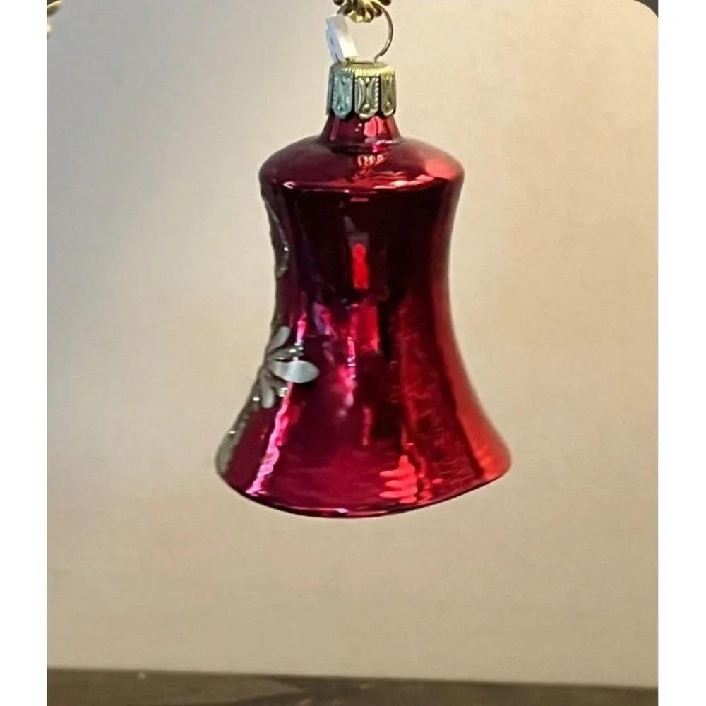 German Blown Glass Bell Christmas Ornament Red Gold Floral Glitter 2.5